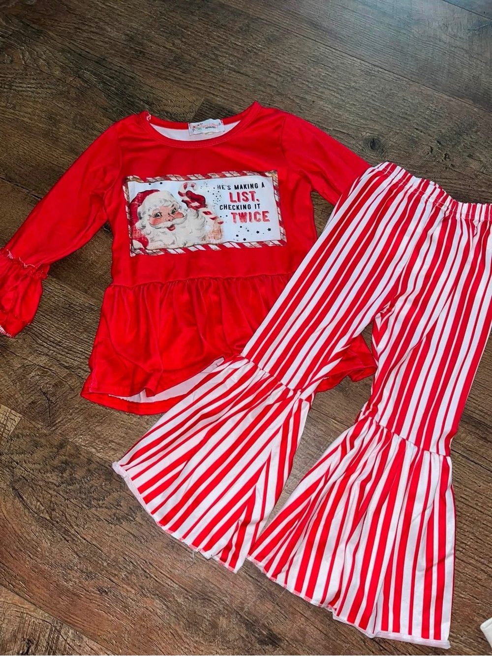 Girls' Red Santa Outfit Set with Striped Ruffle Pants
